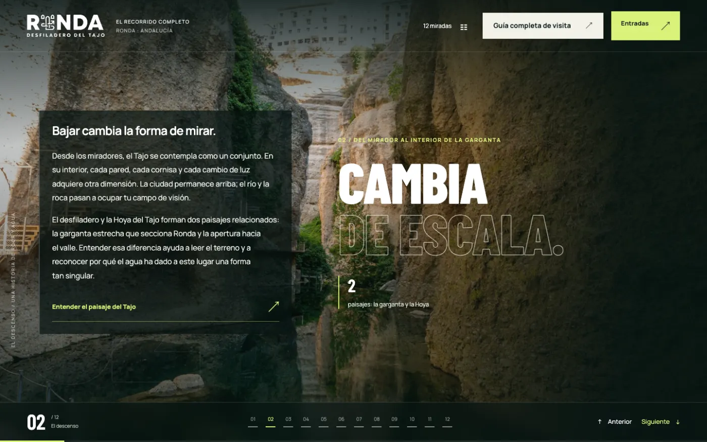 Encuadre 02: las paredes de la garganta con el titular «Cambia de escala».
