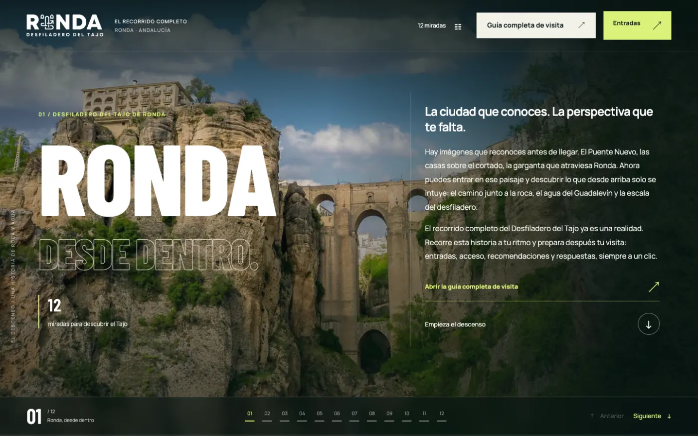 Captura de la web del Desfiladero del Tajo: el Puente Nuevo de Ronda con el titular «Ronda desde dentro» y el primer encuadre de doce.