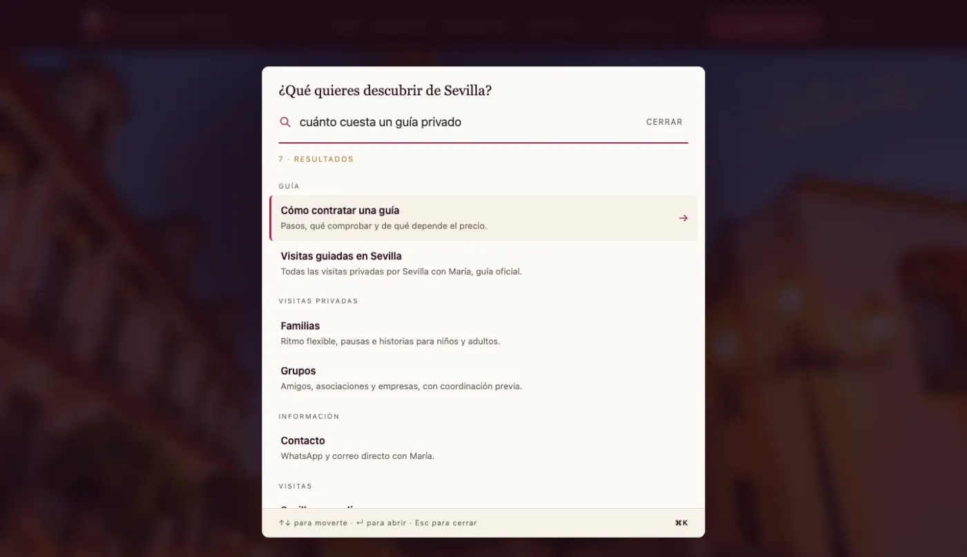 Buscador de guiaensevilla.com respondiendo a «cuánto cuesta un guía privado» con la página de contratar un guía como primer resultado.