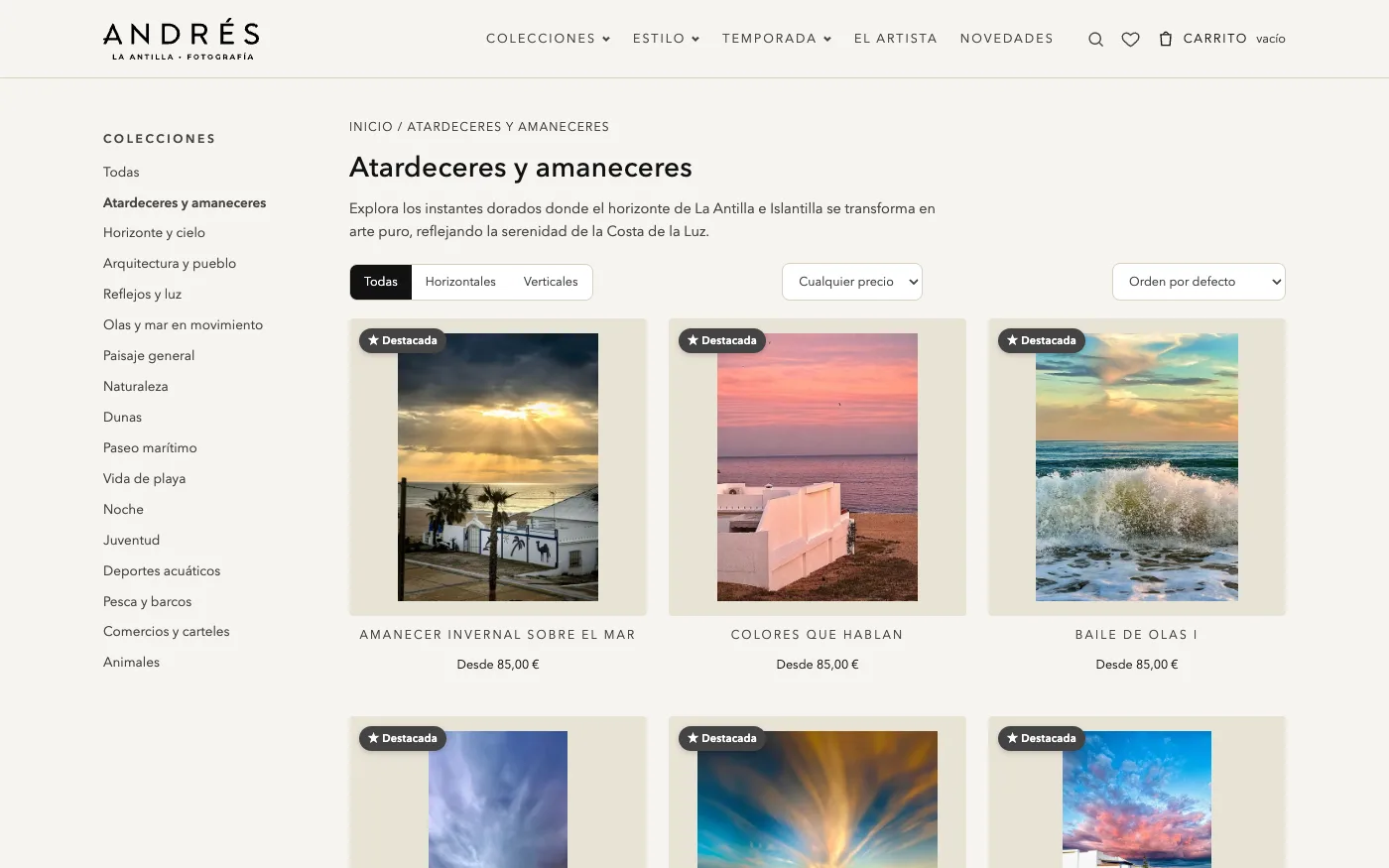 Colección «Atardeceres y amaneceres» de lantilla.com: filtros por colección, orientación y precio, y las fotografías destacadas con su precio desde 85 €.