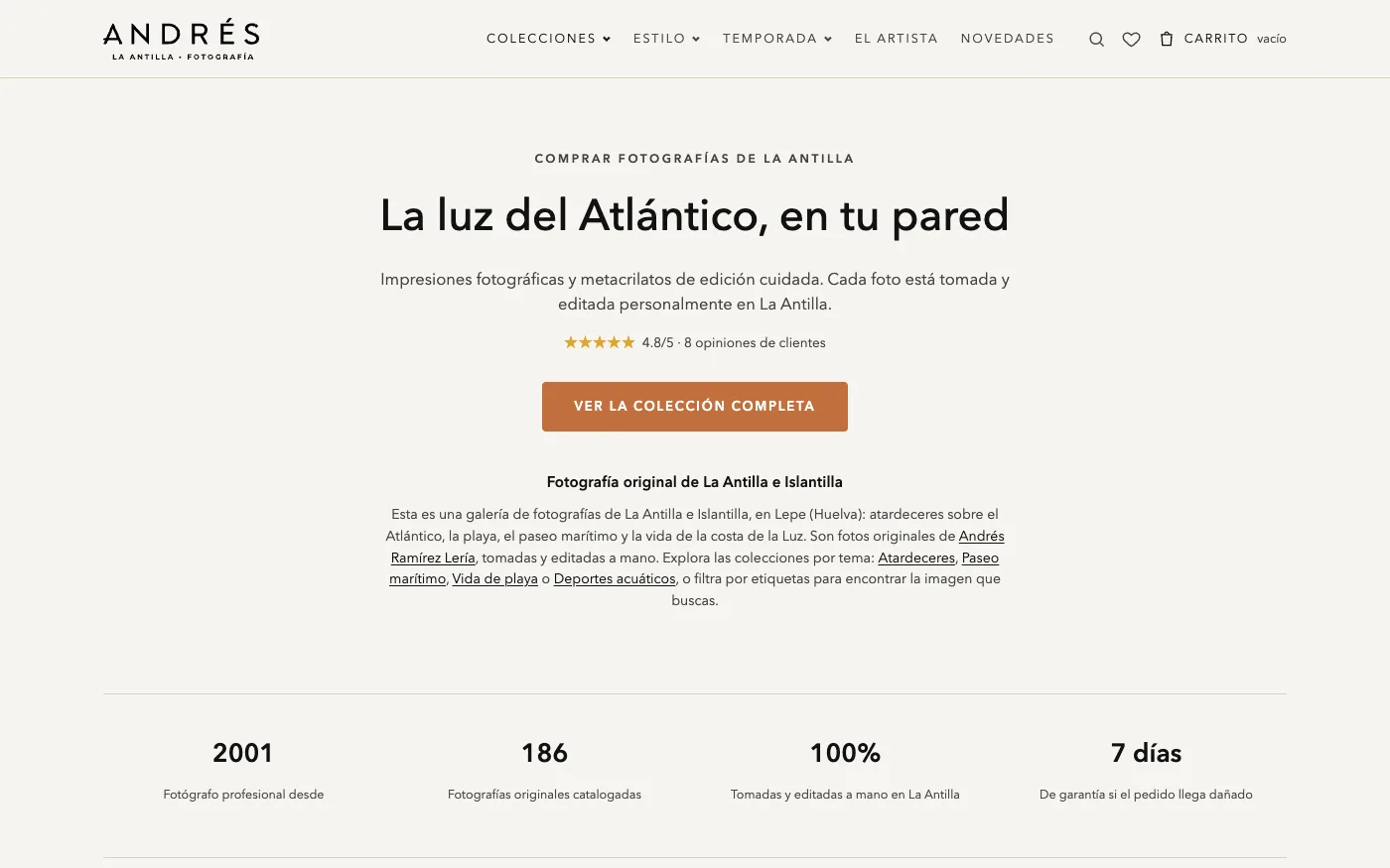 Portada de lantilla.com: «La luz del Atlántico, en tu pared», con el acceso a la colección completa.
