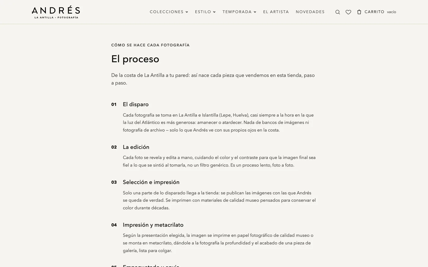 Página «El proceso» de lantilla.com: el disparo, la edición, la selección y la impresión de cada fotografía.
