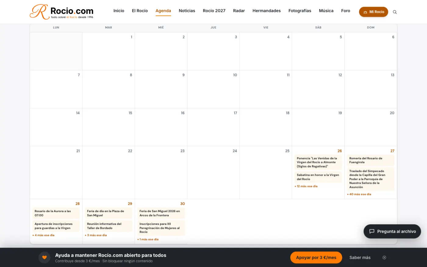 Calendario de eventos de Rocio.com con los actos de cada día.