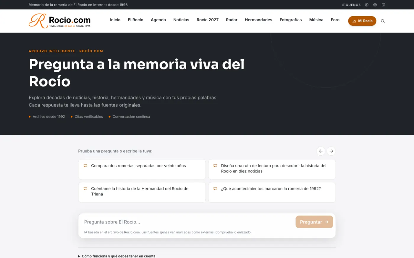 Asistente de Rocio.com «Pregunta a la memoria viva del Rocío» con preguntas sugeridas.