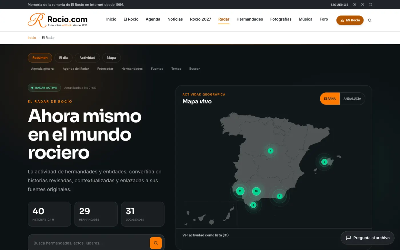 El Radar de Rocio.com: mapa en vivo de la actividad de hermandades y entidades.