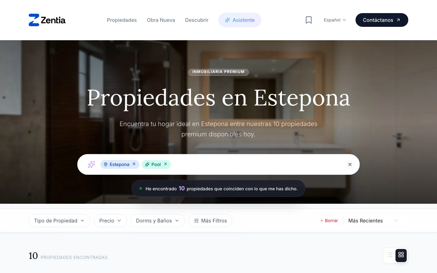 Buscador de Zentia: la frase «casa en Estepona con piscina» convertida en los filtros Estepona y Pool, con diez propiedades encontradas.