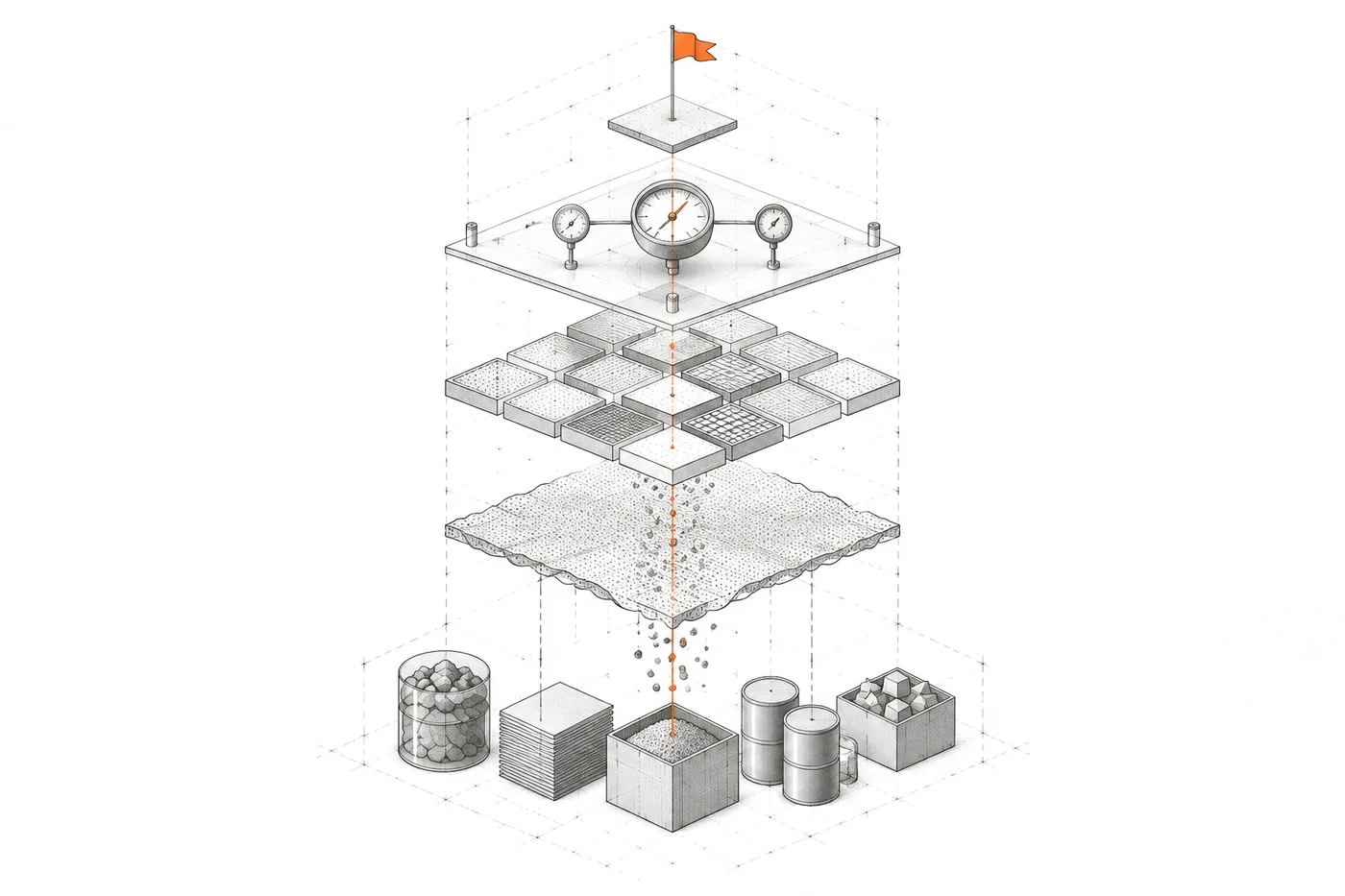 Sección vertical en capas: fuentes de datos distintas en la base, una capa de filtrado, una retícula de celdas ordenadas, una capa de indicadores y una bandera de decisión arriba, unidas por una línea naranja