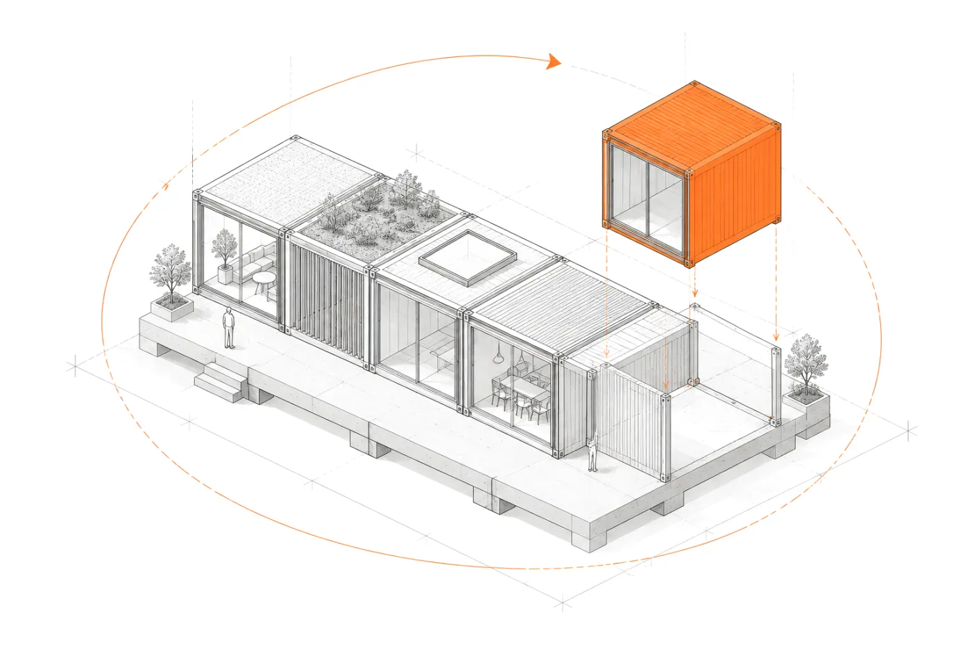 Estructura modular a la que se añade un nuevo módulo naranja, rodeada por una línea de ciclo continuo