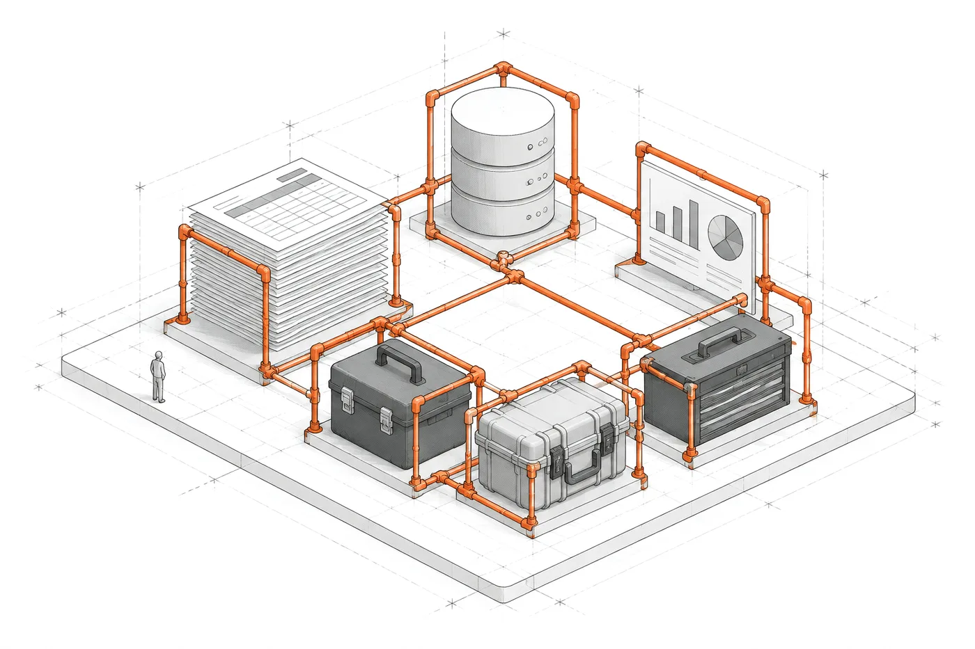 Axonometría de una base con piezas sueltas de una empresa: pilas de hojas de cálculo, tres cajas de herramientas distintas, un cilindro de base de datos y un panel de informes, unidas por una estructura de tuberías naranja construida a su medida